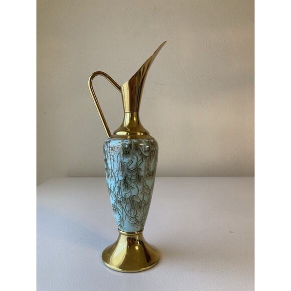 Vintage Delft Green Hand Painted Marble Style Pitcher with Brass - Picture 3 of 7